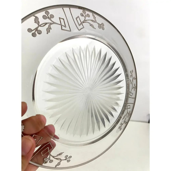 VTG Sterling Silver Overlay Starburst Etched Glass Plate 7.25" - Picture 2 of 16